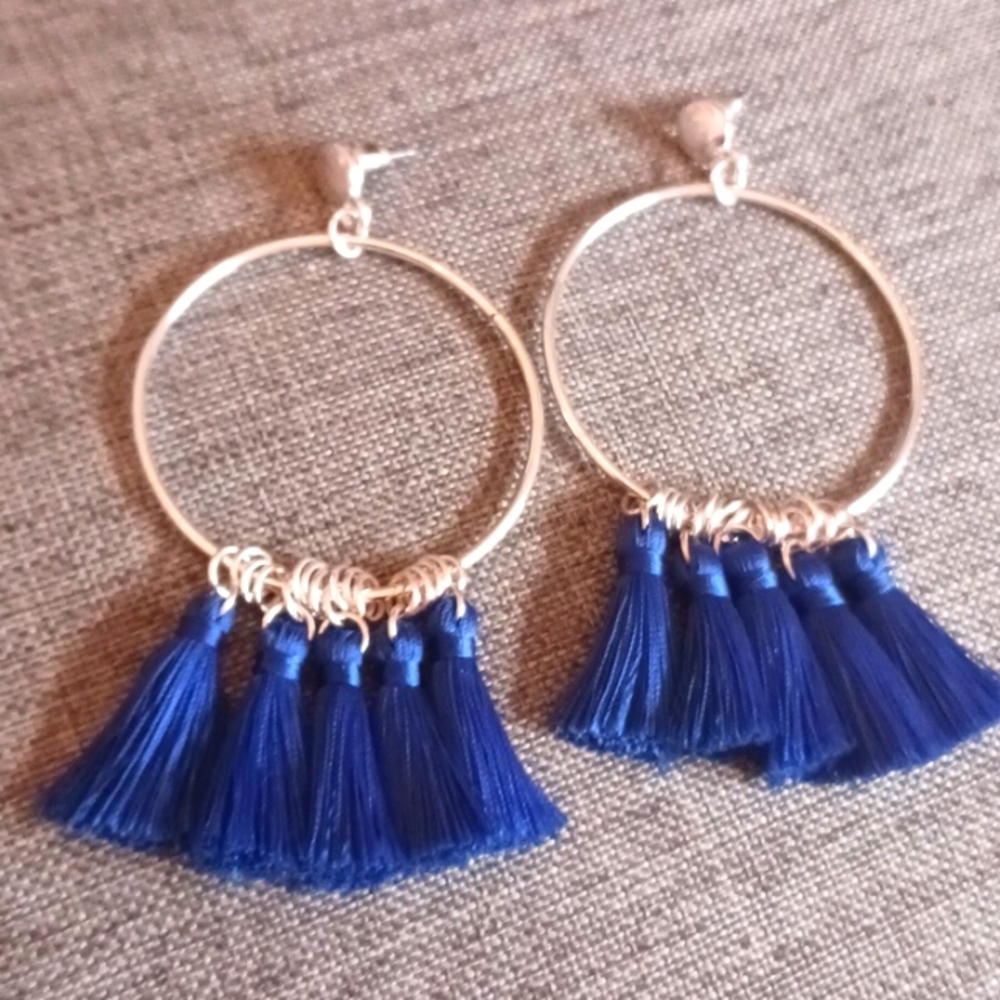 Dark Blue Tassel Earrings on Silvertone Hoops & Posts - Pre-loved (3.25")